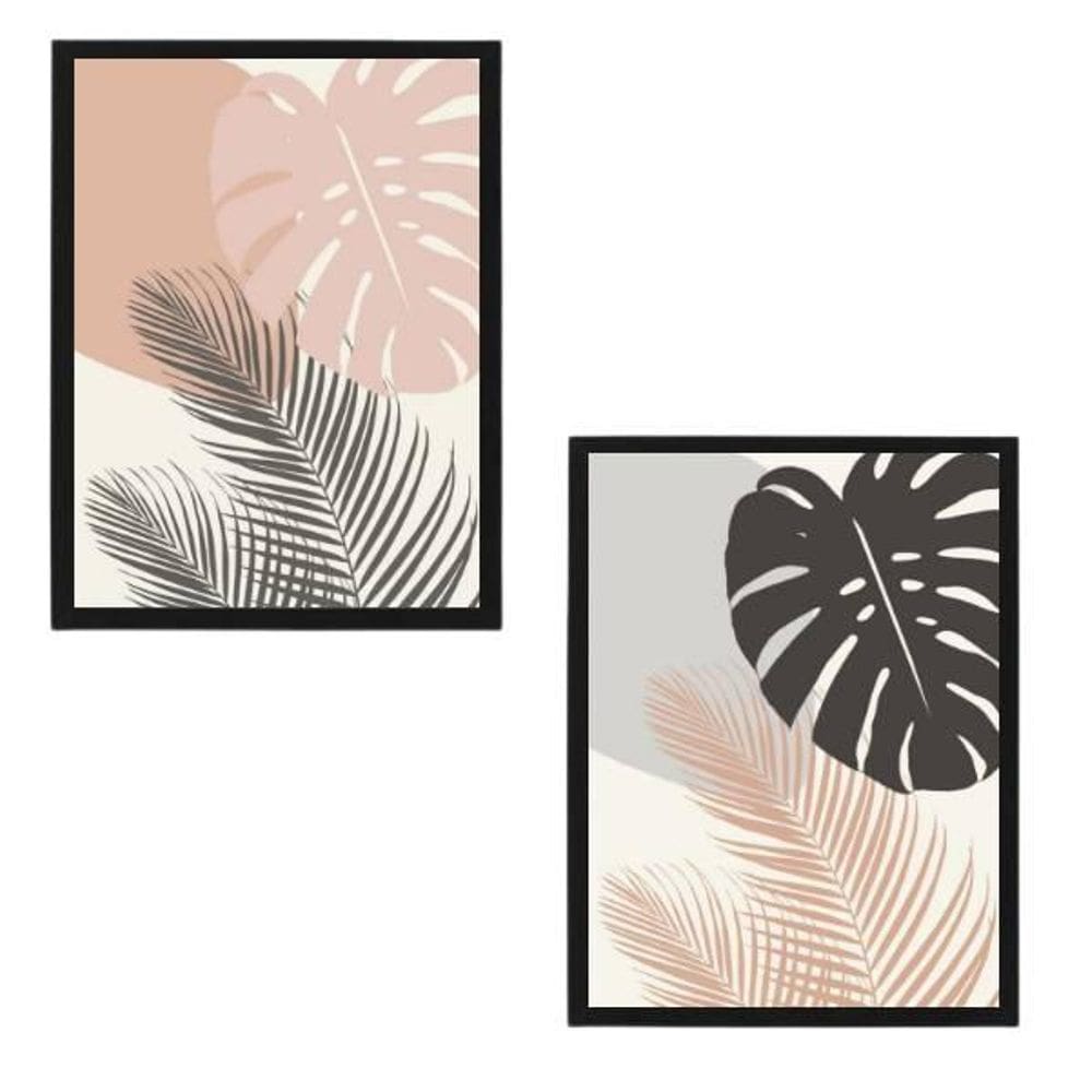 Quadros Folhagens Rosa E Cinza Moldura Preta 24X18Cm 2 Peças