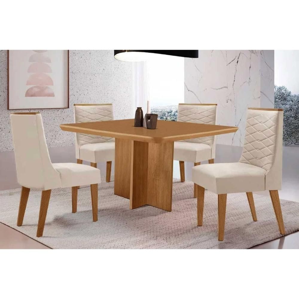 Conjunto: Mesa Sala Jantar Berlim Tampo Curvo 90cm+4 Cadeiras Maldivas Madeira Naturale - Capuccino/Suede Creme - Rufato