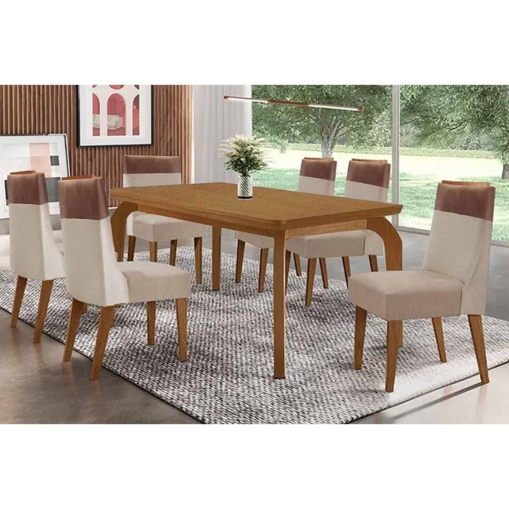 Conjunto: Mesa Sala Jantar Londrina Tampo Curvo 180cm+6 Cadeiras Jaspe Madeira Naturale - Capuccino/Suede Creme - Rufato