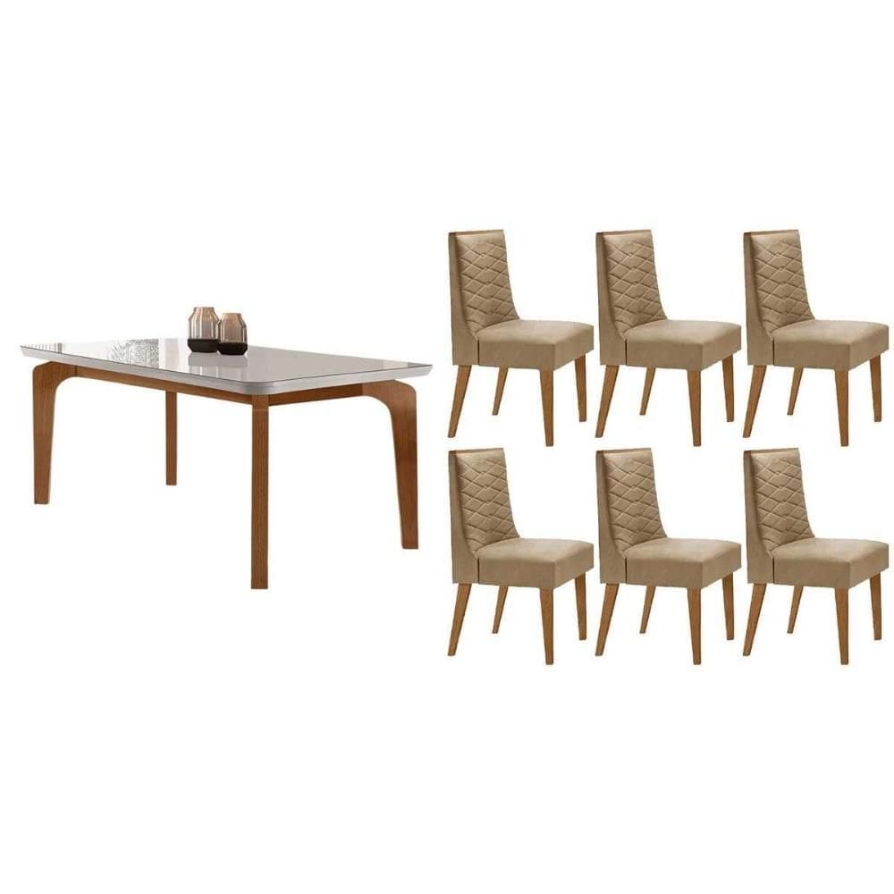Conjunto: Mesa de Cozinha Londrina Tampo c/ Vidro Curvo 180cm+6 Cadeiras Dafne Madeira Naturale/Off White - Capuccino/Linho Bege - Rufato