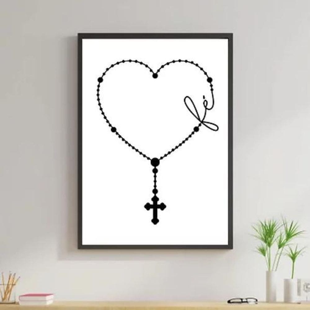 Quadro Decorativo Terço Coração Fé 24X18 C/Vidro - Preta