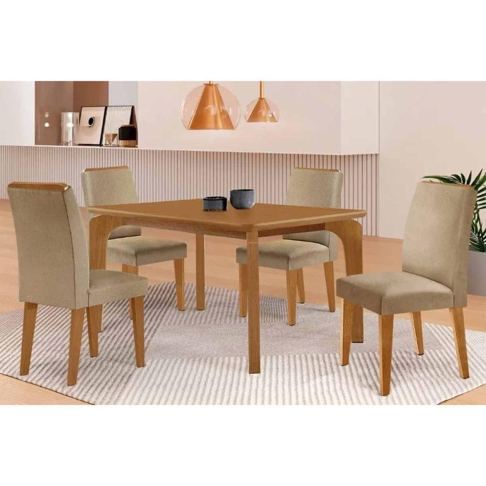 Conjunto Mesa Londrina c/ Tampo Madeirado Canto Curvo 120x90cm e 4 Cadeiras Dakota Madeira Maciça Naturale - Capuccino/Linho Bege-Rufato