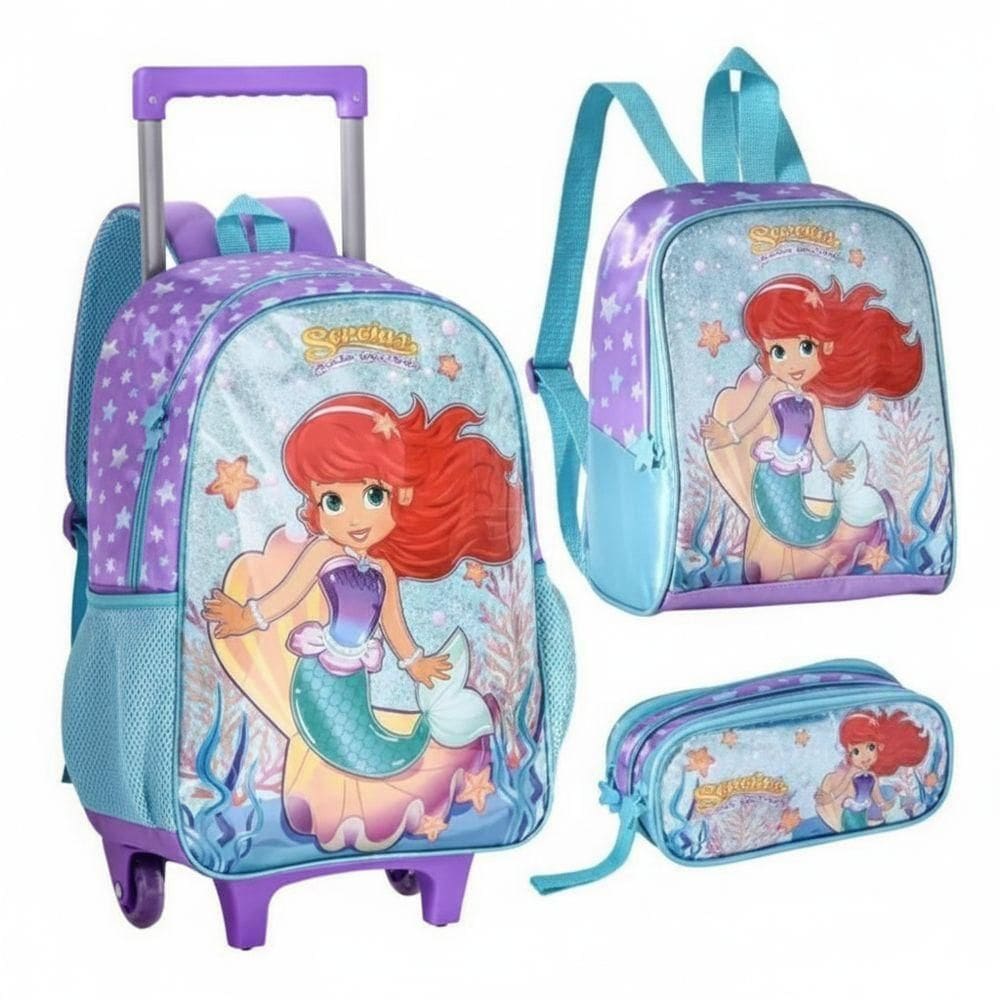 Kit Mochila Carrinho 16 Estojo E Lancheira Sereias Encantos