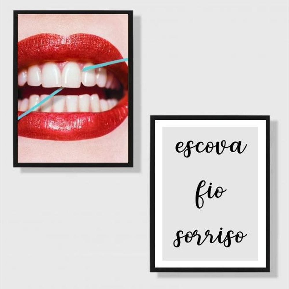 Kit 2 Quadros Dentista Escova Fio Sorriso 45X34 Vidro Preta