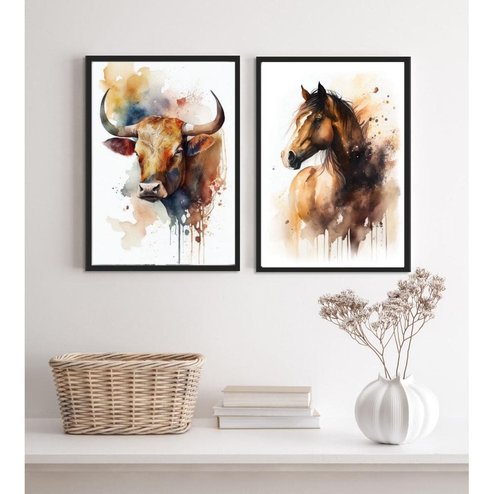 Kit 2 Quadros Para Fazenda Boi E Cavalo Aquarela 24X18Cm
