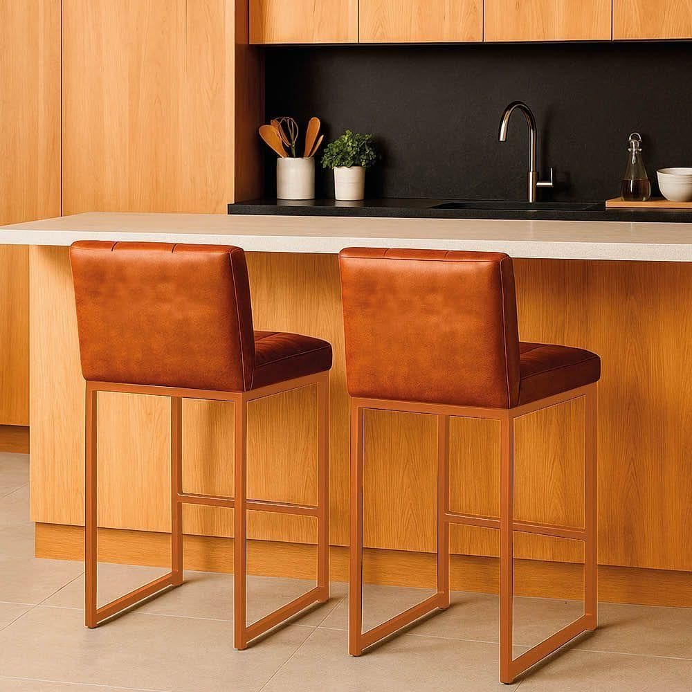 Banqueta Cozinha Alta Com Encosto Industrial Kit 2 Bronze Lirina Pu C05 - D`rossi Nozes