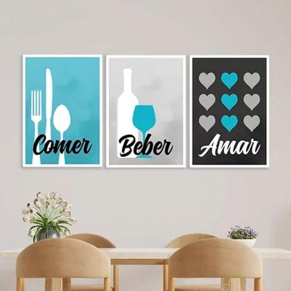 Kit 3 Quadros Comer Beber Amar 60X40Cm - Madeira Branca