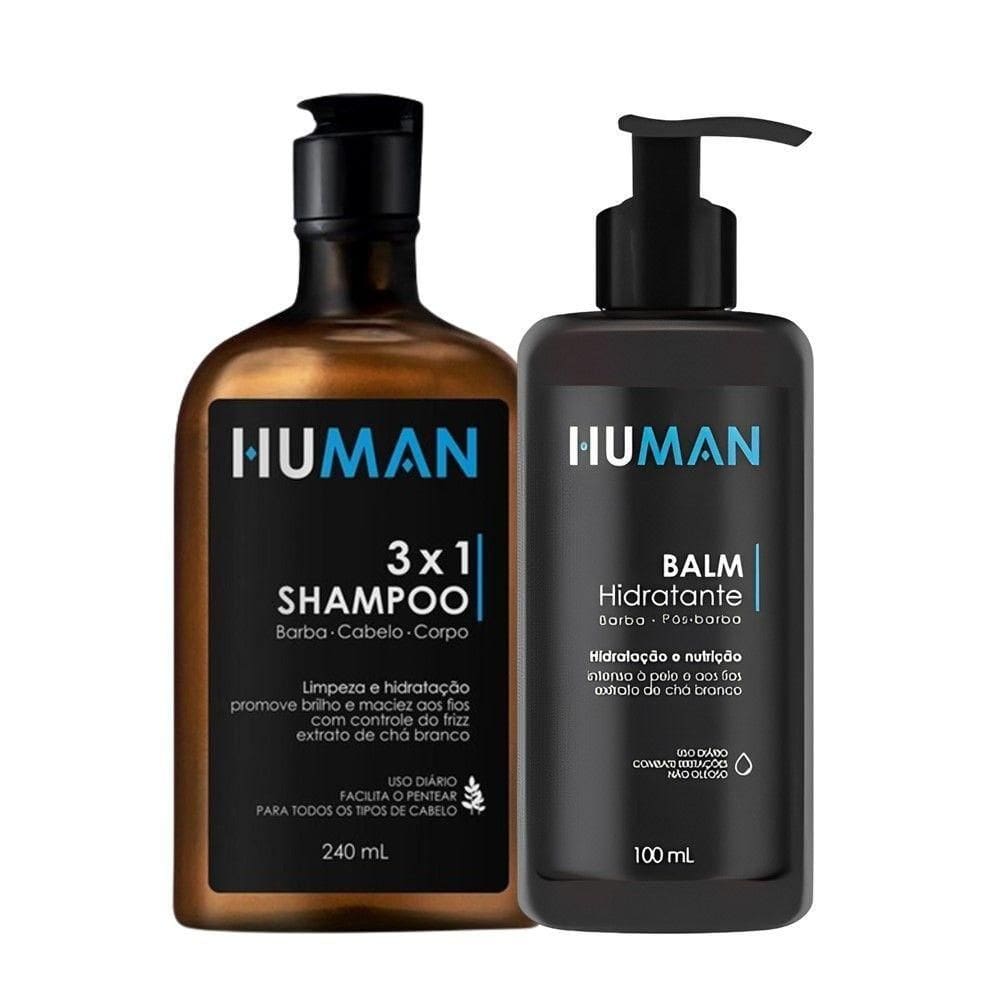 Kit Shampoo 3×1 Barba Cabelo Corpo 240ml E Creme Balm Hidratante Pós-barba Human