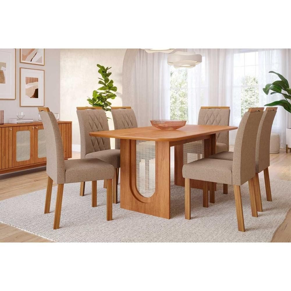 Conjunto: Mesa de Cozinha Valentina Tampo Madeirado 180x90cm e 6 Cadeiras Juliana Cinamomo - Carvalho/Linho Bege - Cimol