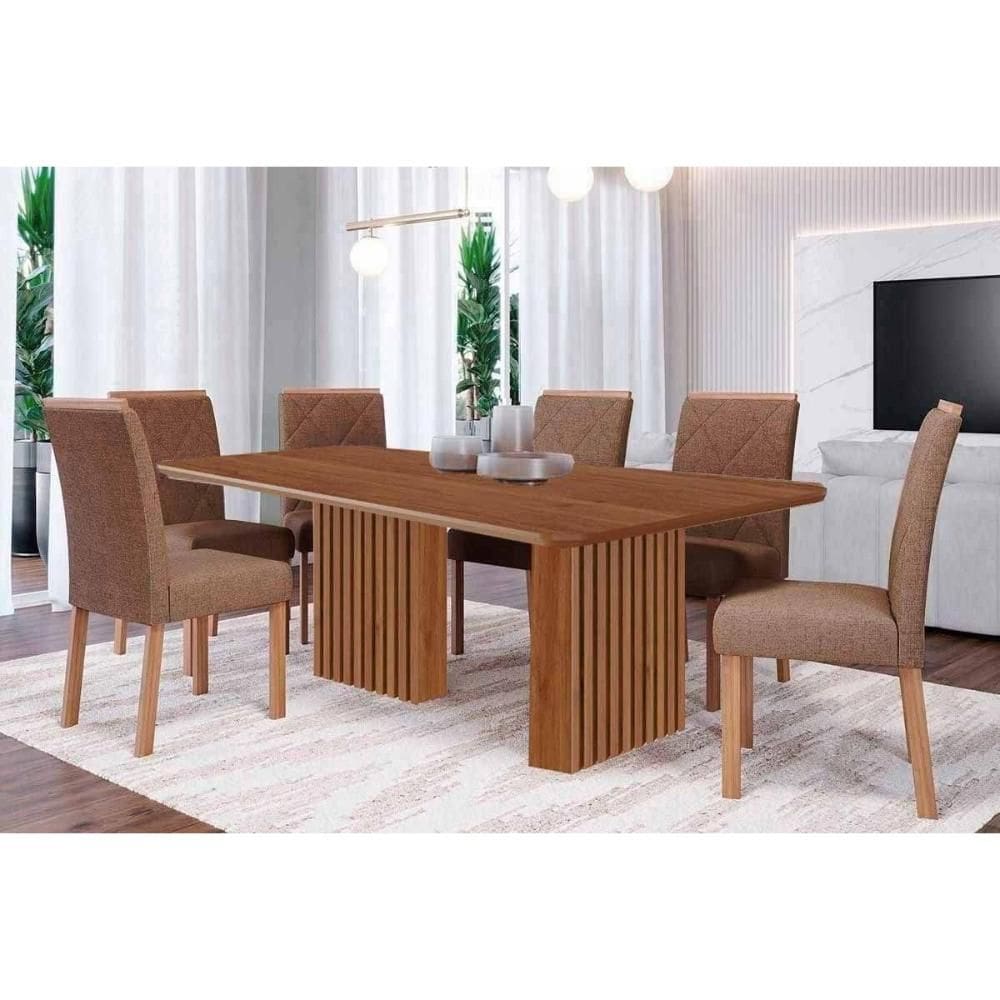 Conjunto: Mesa Sala Jantar Ester Tampo Madeirado 180x90cm e 6 Cadeiras Fernanda Cinamomo - Carvalho/Suede Joli Capuccino Cimol