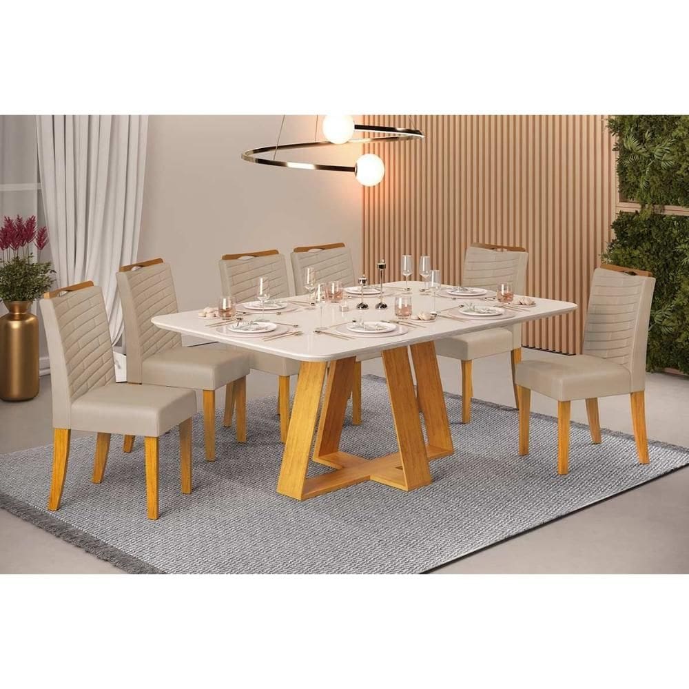 Conjunto: Mesa de Cozinha Celeste c/ Tampo Madeirado c/ Vidro Retangular 160x90cm e 6 Cadeiras Julia Cedro/Off White - Suede Kraft - DJ Móveis