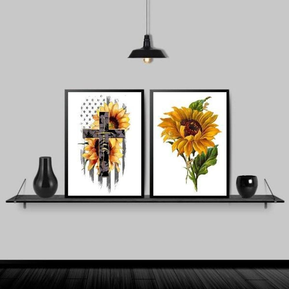 Kit 2 Quadros Girassóis Faith Cruz 24X18Cm - Madeira Preta