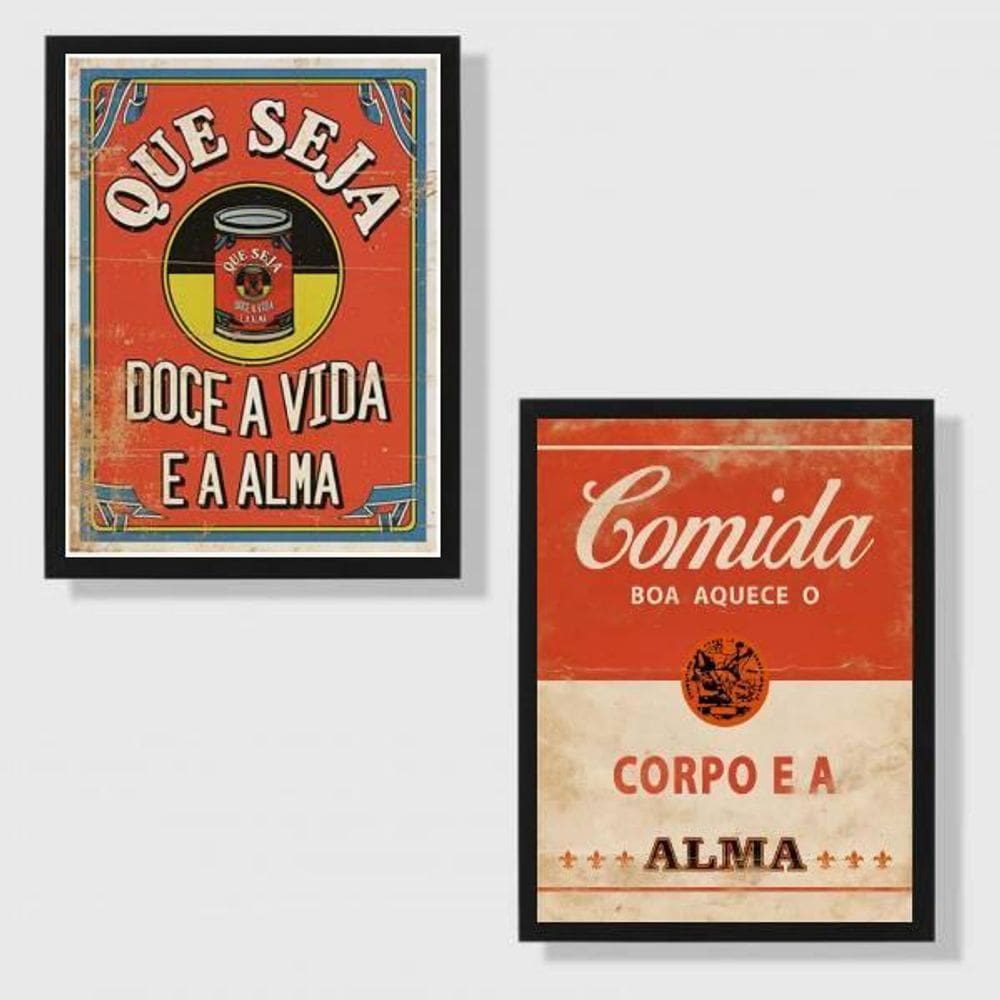 Kit 2 Quadros Cozinha Vermelho 45X34 Com Vidro Moldura Preta