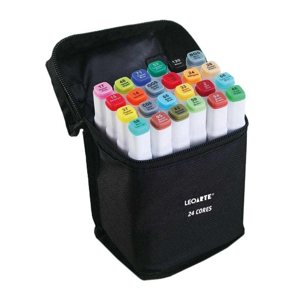 Kit Marcador Artístico Duas Pontas Com Estojo Zíper Leonora 24 Cores