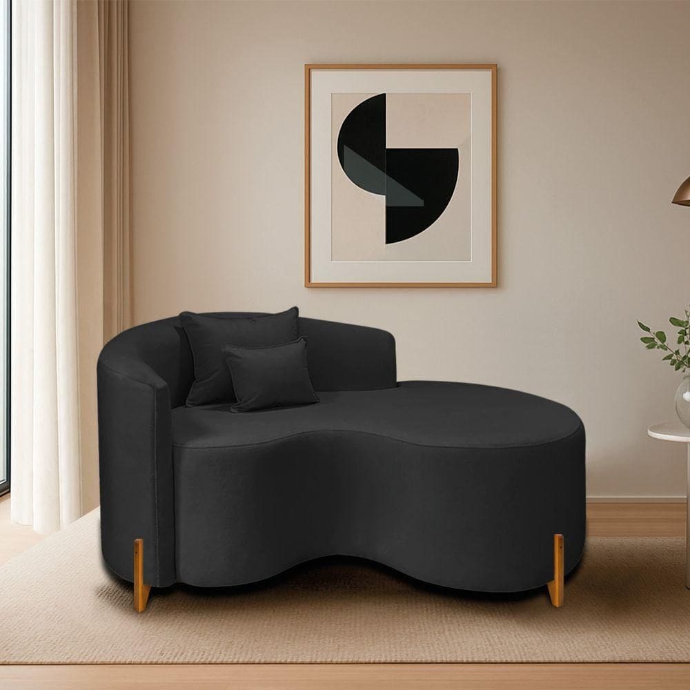 Divã Recamier Curvo Sala De Estar Recepção Inglaterra 150cm Pés Madeira Lado Direito Bouclé Preto