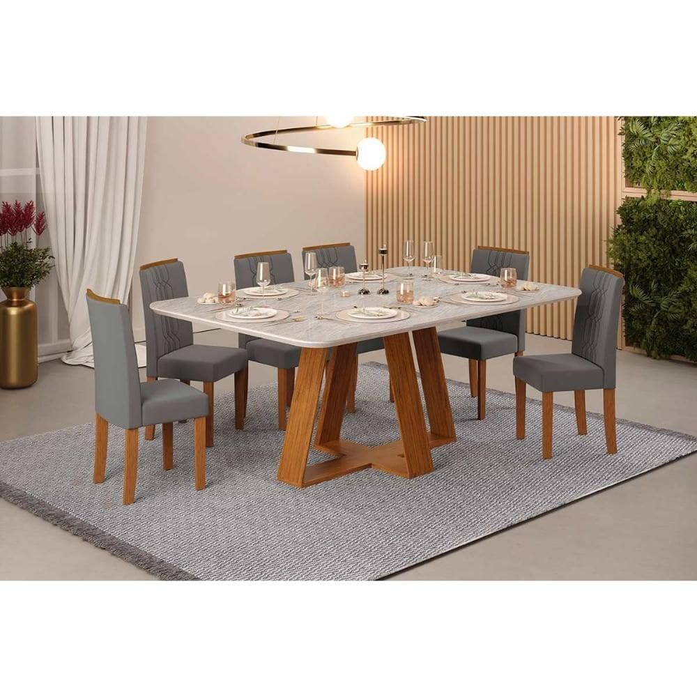 Conjunto: Mesa de Cozinha Celeste c/ Tampo Madeirado Retangular 170x90cm e 6 Cadeiras Zoe Freijo/Quartzo - Suede Lunar - DJ Móveis