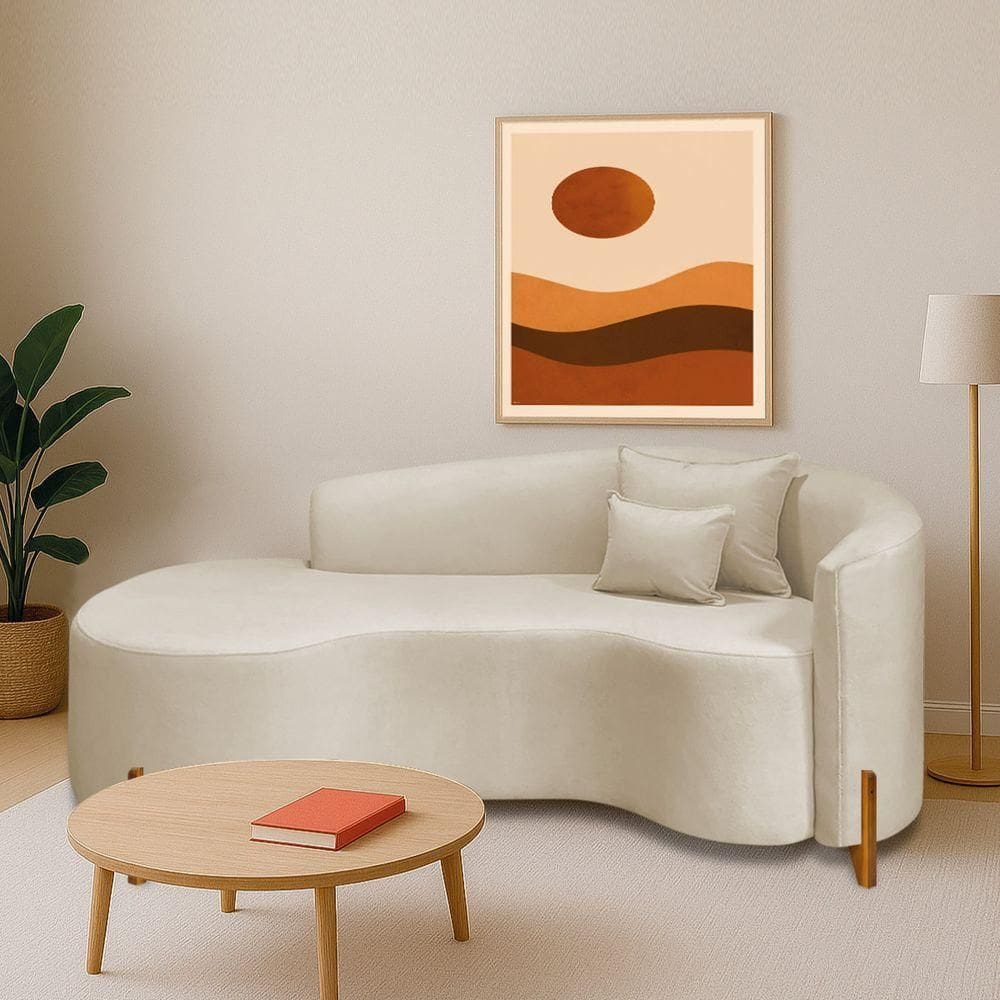 Divã Recamier Curvo Sala De Estar Recepção Inglaterra 200cm Pés Madeira Lado Esquerdo Linho Bege