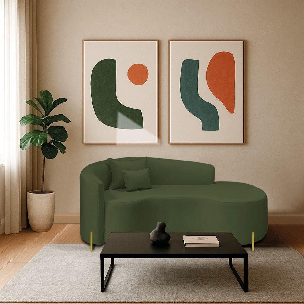 Divã Recamier Curvo Sala De Estar Recepção Inglaterra 180cm Pés Metal Dourado Lado Direito Linho Cor Verde