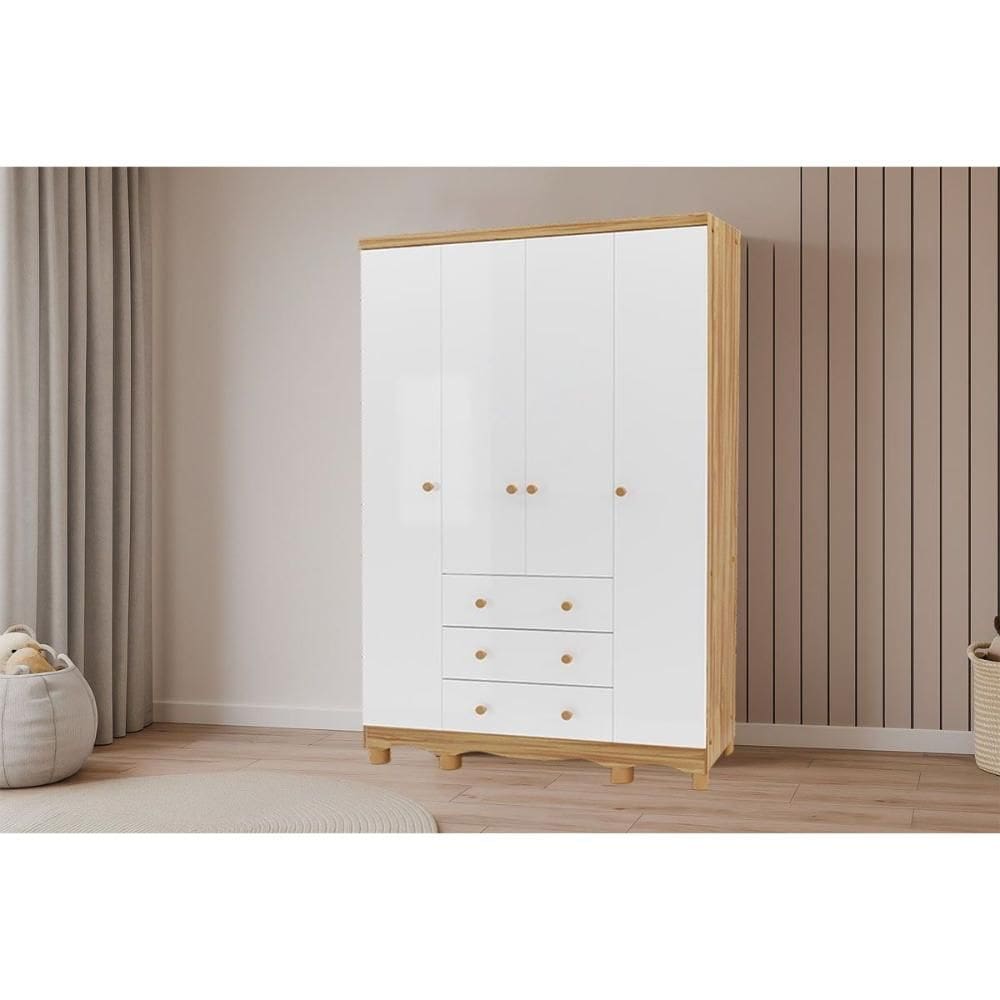 Guarda Roupa Bebê c/ 4 Portas e 3 Gavetas Júnior Branco/Amendoa - Peroba