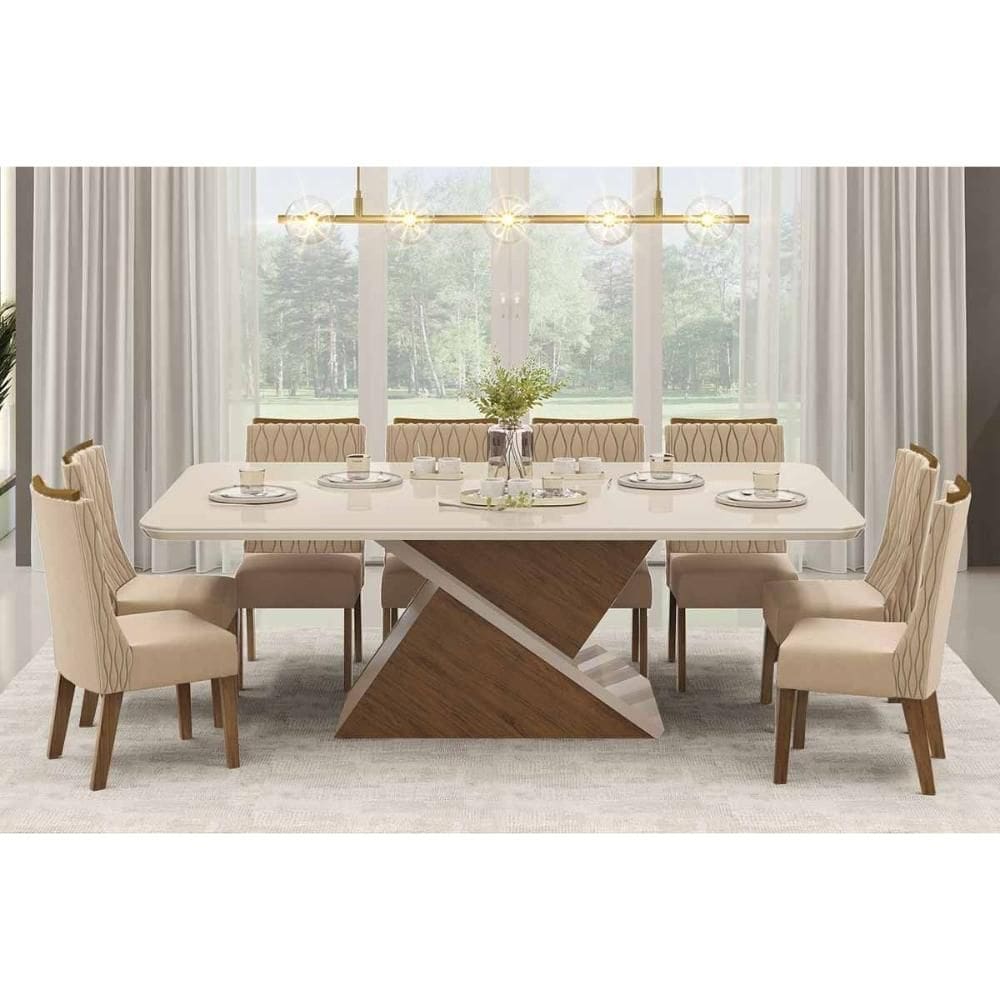 Conjunto: Mesa Sala Jantar Zafira c/ Tampo Madeirado c/ Vidro 200x100cm e 8 Cadeiras Jade Freijo/Off White - Suede Kraft - DJ Móveis