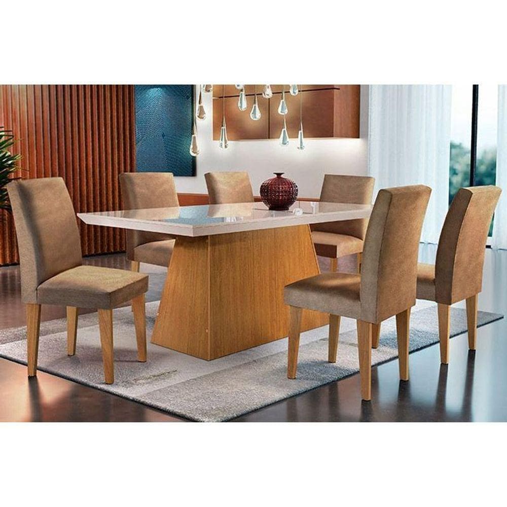 Conjunto: Mesa de Cozinha Luna Tampo Madeirado c/ Vidro Canto Reto 180x90cm e 6 Cadeiras Grécia Imbuia/Suede Capuccino - Rufato