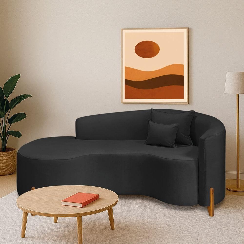 Divã Recamier Curvo Sala De Estar Recepção Inglaterra 180cm Pés Madeira Lado Esquerdo Bouclé Preto