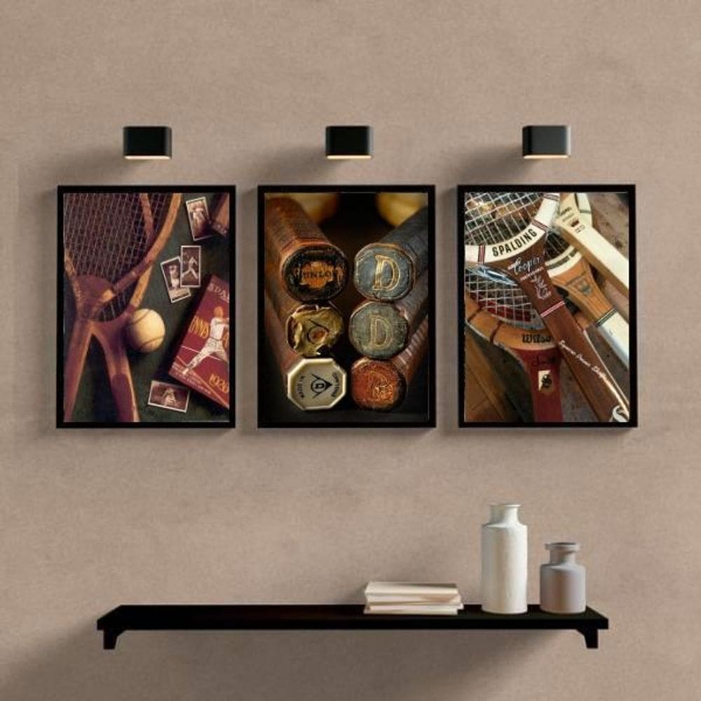 Kit 3 Quadros Esporte Tênis Vintage 45X34Cm Com Vidro Preta