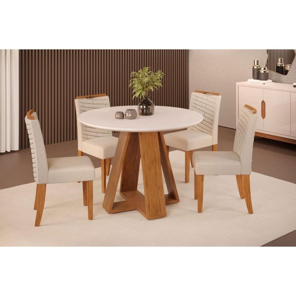 Cozinha Completa DJ Móveis Celeste c/ Tampo Madeirado c/ Vidro Redondo 103x103cm e 4 Cadeiras Lia Freijo/Off White - Linho Neve