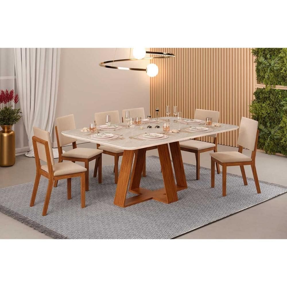 Conjunto: Mesa Sala Jantar Celeste c/ Tampo Madeirado Retangular 170x90cm e 6 Cadeiras Talia Freijo/Quartzo - Suede Creme - DJ Móveis