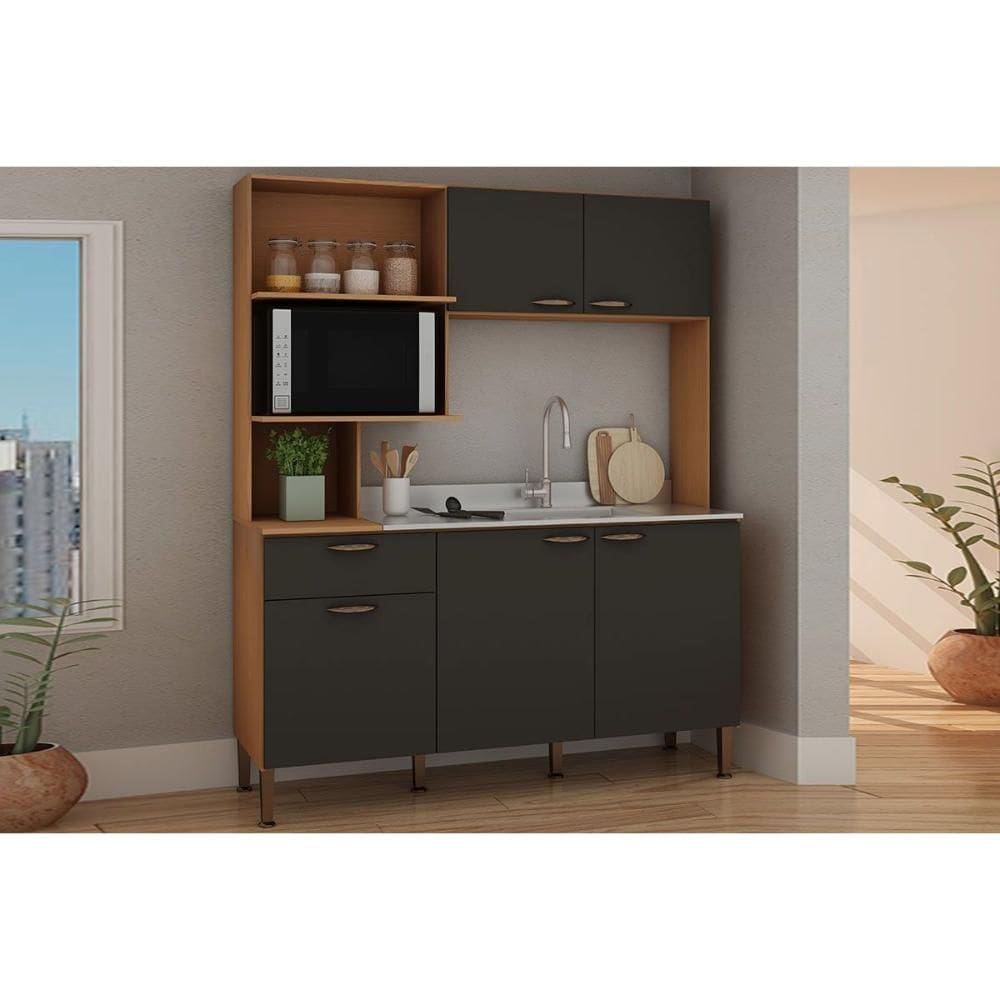 Cozinha Compacta Bella c/ 5 Portas 3 Nichos e 1 Gaveta 155cm Freijo/Grafite - Genialflex