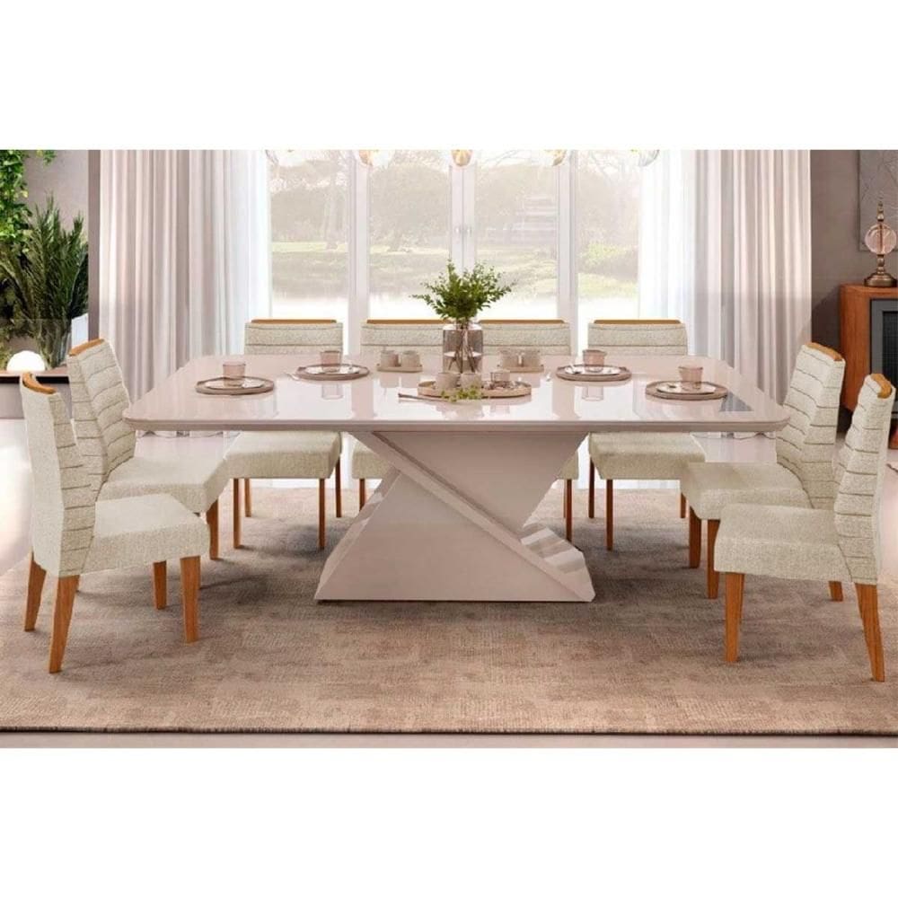 Conjunto: Mesa Sala Jantar Zafira c/ Tampo Madeirado c/ Vidro Curvo 200x100cm e 8 Cadeiras Ondina Off White - Freijo/Linho Neve - DJ Móveis