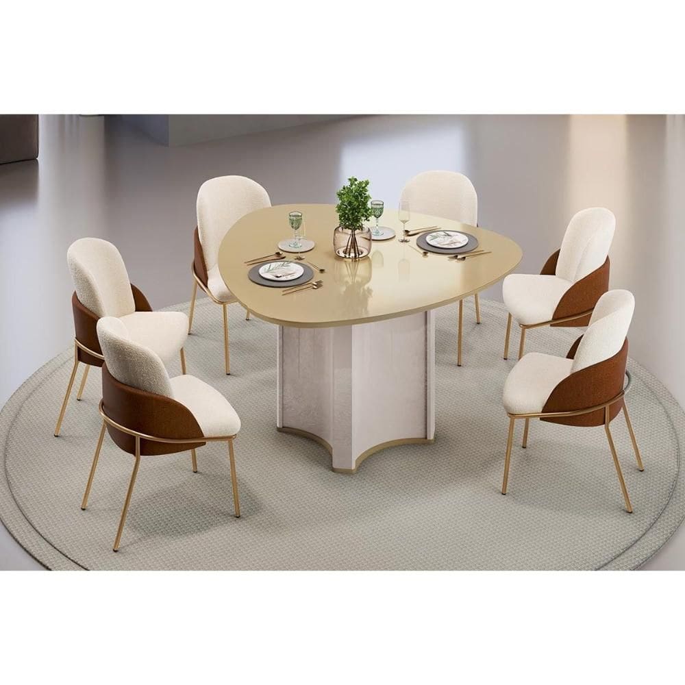 Conjunto Sala de Jantar Chanel c/ Tampo Madeirado c/ Vidro Orgânico 136x136cm e 6 Cadeiras Vitta Off White/Dourado - Boucle Perola/Terracota-DJ Móveis