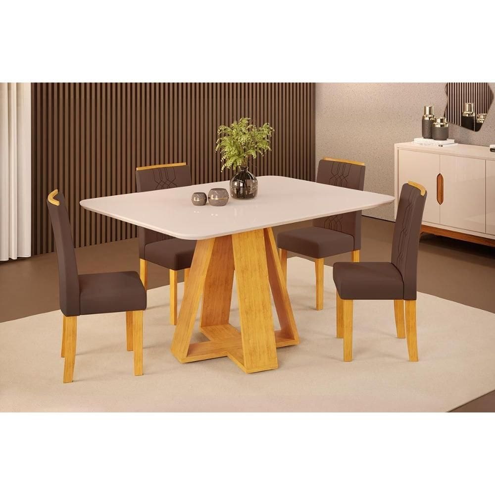 Conjunto: Mesa de Cozinha Celeste c/ Tampo Madeirado c/ Vidro Curvo 120x90cm e 4 Cadeiras Zoe Cedro/Off White - Suede Moca - DJ Móveis