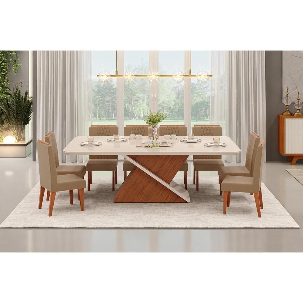 Conjunto: Mesa Sala Jantar Zafira c/ Tampo Madeirado c/ Vidro Curvo 200x100cm e 8 Cadeiras Lia Freijo/Off White - Linho Bege - DJ Móveis