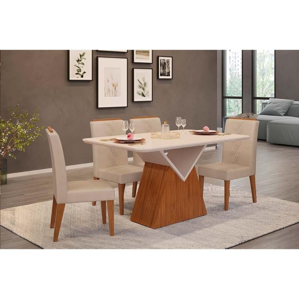 Conjunto: Mesa de Cozinha Argo c/ Tampo Madeirado c/ Vidro Curvo 136x90cm e 4 Cadeiras Yasmin Freijo/Off White - Suede Kraft - DJ Móveis