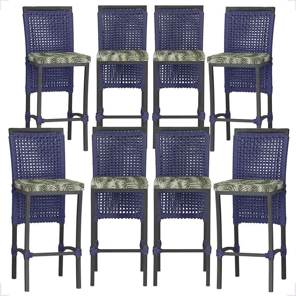 8 Banqueta Em Alumínio Roma Preta Corda Náutica Tecido 5 Azul