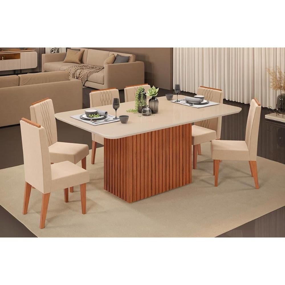 Conjunto: Mesa Sala Jantar Canes c/ Tampo Madeirado c/ Vidro Curvo 170x90cm e 6 Cadeiras Lia Freijo/Off White - Suede Kraft - DJ Móveis