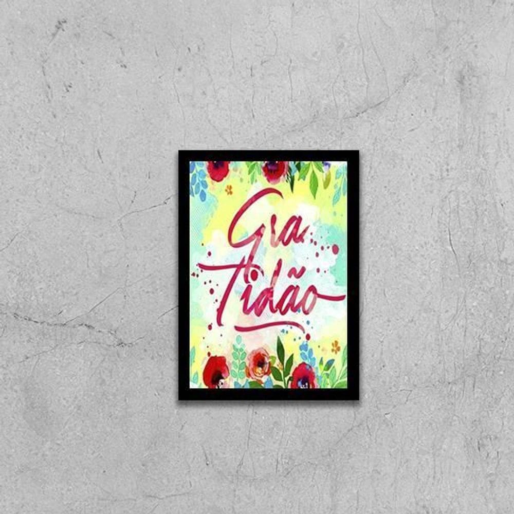 Quadro Palavra Gratidão Floral 45X34 Com Vidro Moldura Preta