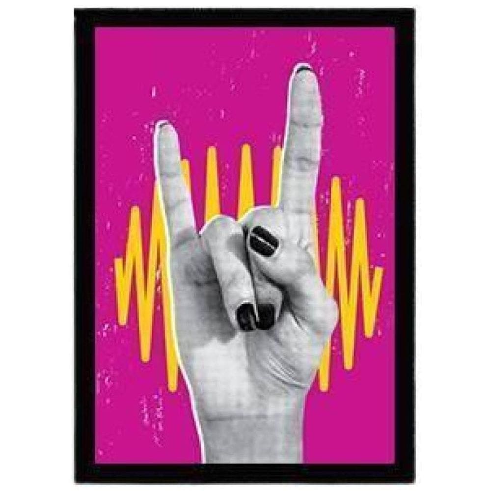 Quadro Mão Símbolo Rock N` Roll 33X24 C/Vidro Madeira Preta