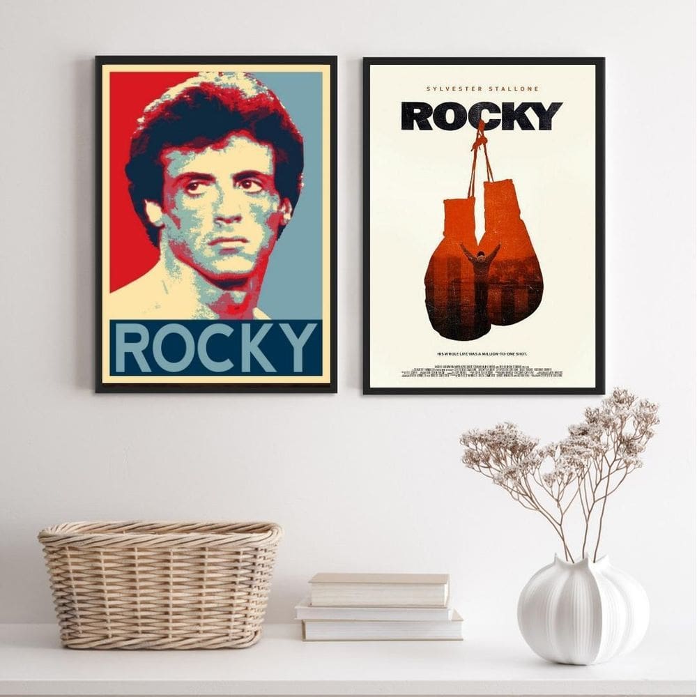 Kit 2 Quadros Rocky Balboa Luva Boxe 33x24cm com Vidro