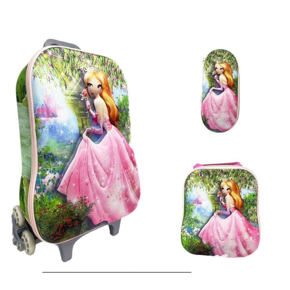 Kit Mochila Rodinhas E Lancheira + Estojo Princesa Ginger