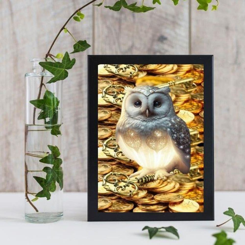 Quadro Prosperidade Ouro Coruja 45x34cm - Moldura Branca