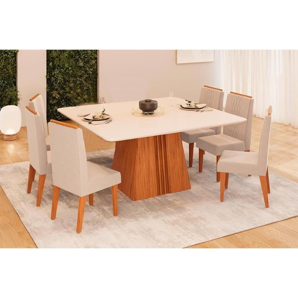 Conjunto: Mesa Sala Jantar Itália c/ Tampo Madeirado c/ Vidro Curvo 136x136cm e 6 Cadeiras Lia Freijo/Off White - Linho Neve - DJ Móveis