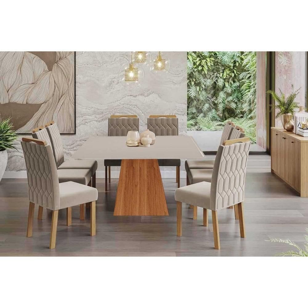 Conjunto: Mesa Sala Jantar Helena Tampo Madeirado c/ Vidro 210x100cm e 8 Cadeiras Paola Cinamomo/Off White - Carvalho/Linho Bege Cimol