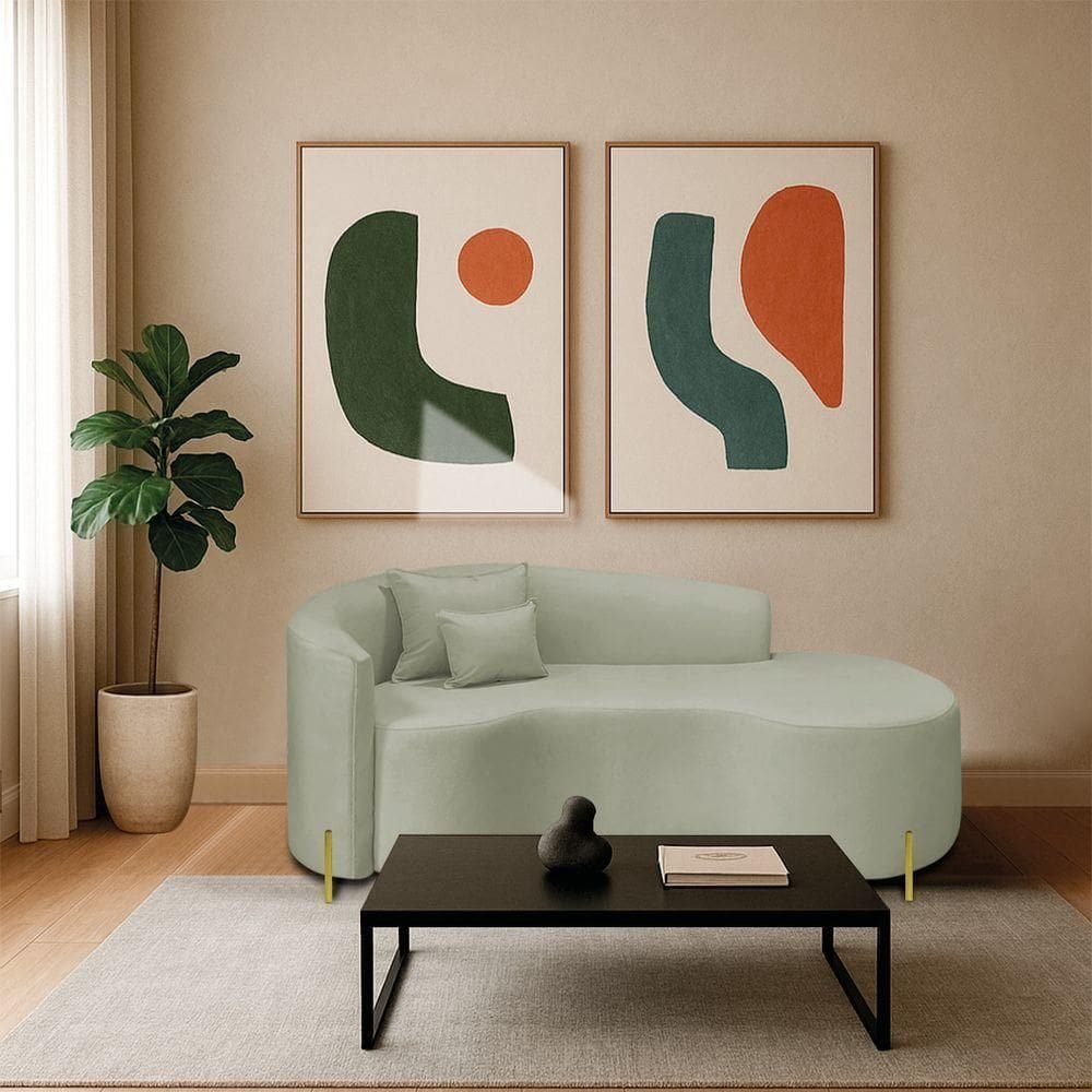 Divã Recamier Curvo Sala De Estar Recepção Inglaterra 200cm Pés Metal Dourado Lado Direito Bouclé Verde Oliva