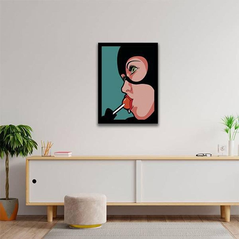 Quadro Decorativo Mulher Gato Com Pirulito 45X34Cm