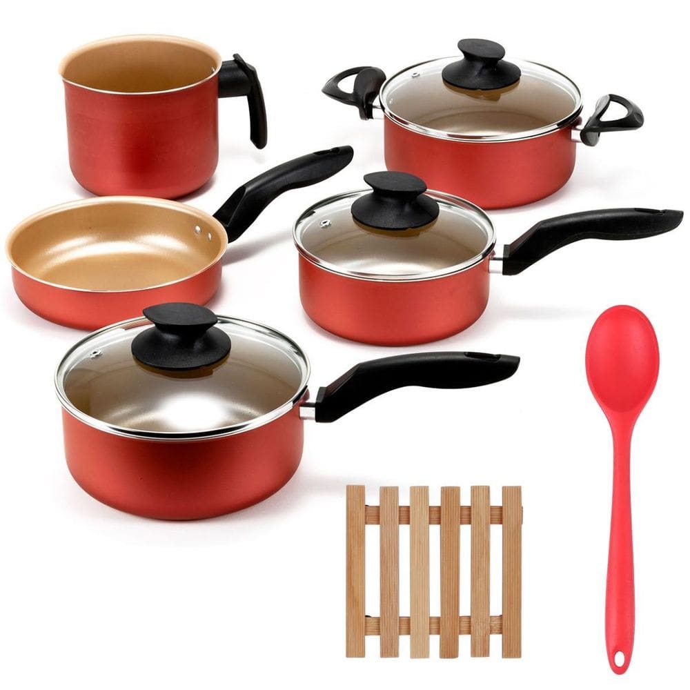 Jogo De Panelas 05 Pçs Antiaderentes + 05 Descansos + Colher