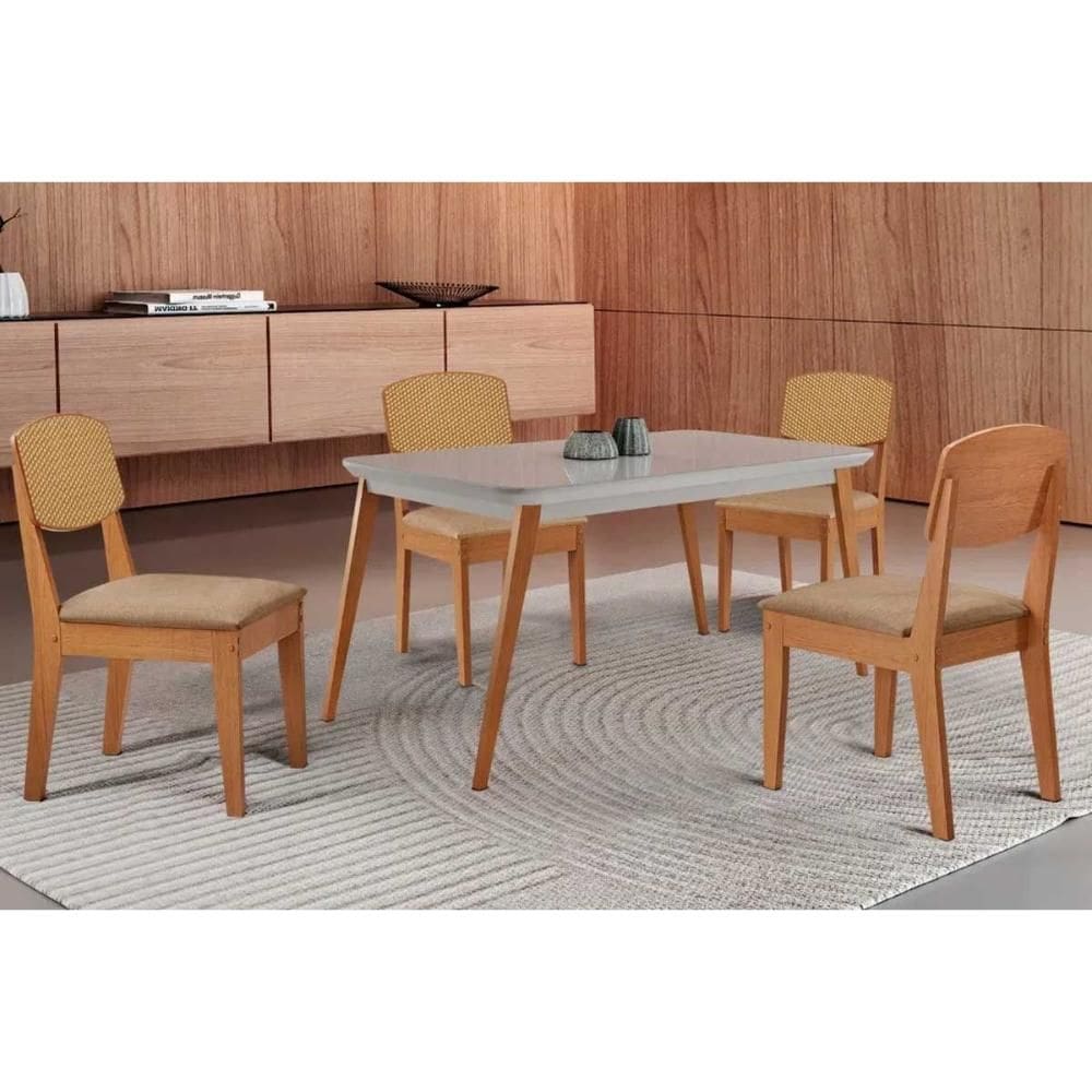 Conjunto: Mesa de Cozinha Havana Curvo 120cm + 4 Cadeiras Havana Naturale/Off White - Linho Bege - Rufato