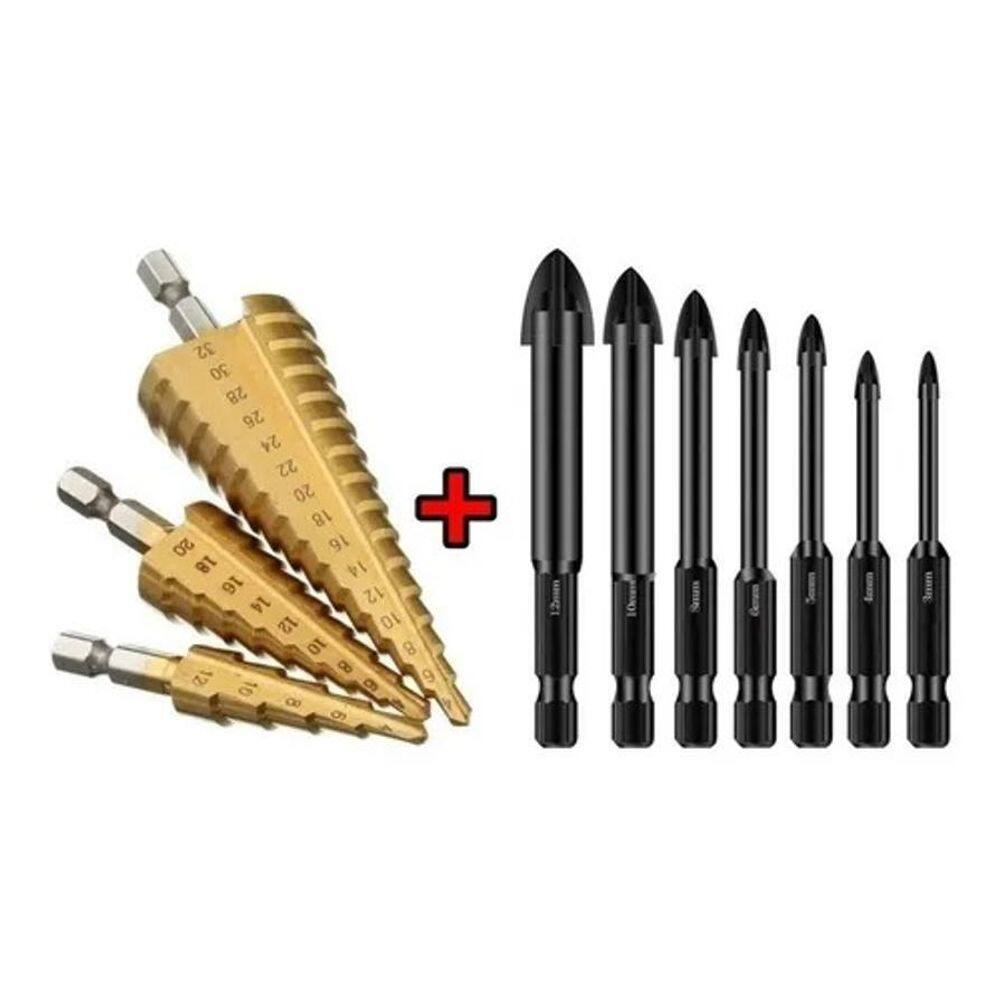 3 Brocas Escalonada 12Mm/20Mm/32Mm + 7 Brocas Vidro Telha