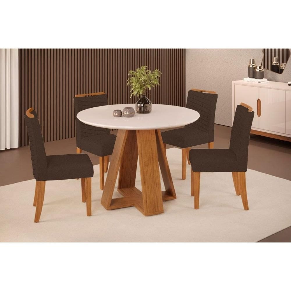 Conjunto: Mesa Sala Jantar Celeste c/ Tampo Madeirado c/ Vidro Redondo 103x103cm e 4 Cadeiras Lia Freijo/Off White - Suede Moca DJ Móveis